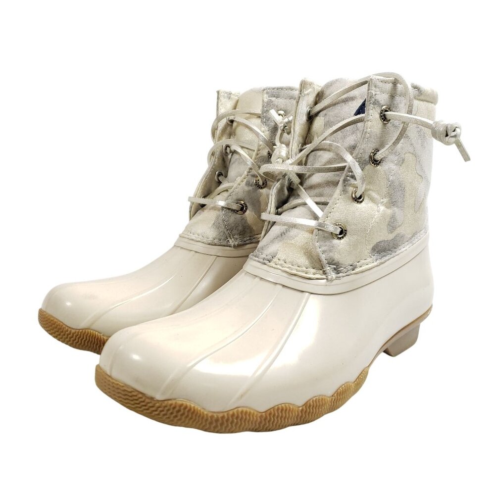 Sperry Womens Size 4 Duck Boots Camo Print Textile & PU Uppers Beige/Tan